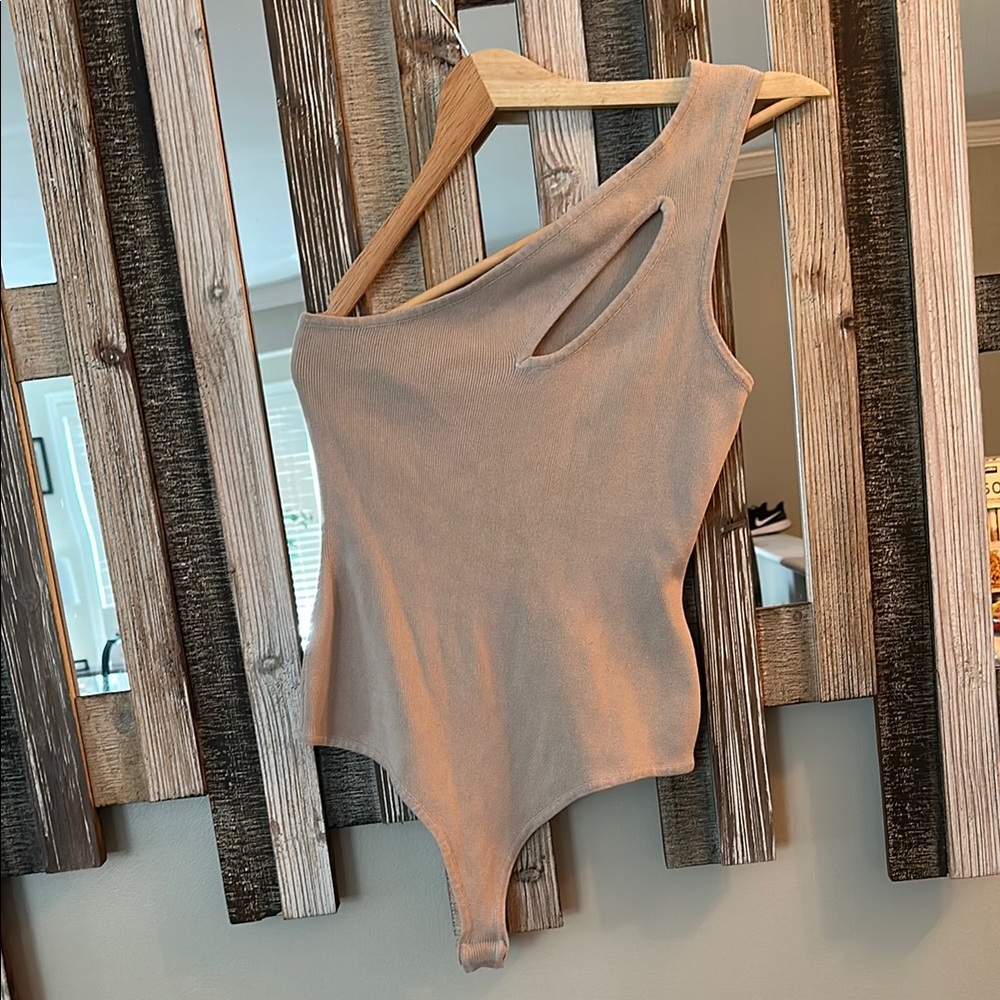 Fashion Nova Tan Asymmetrical Cut Out Bodysuit